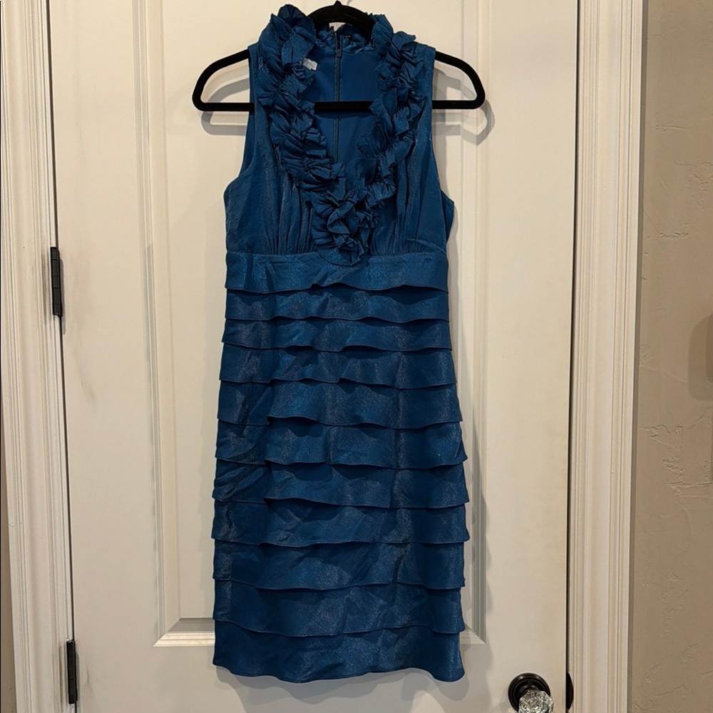 Stunning Blue Ruffled metallic Dress size 6